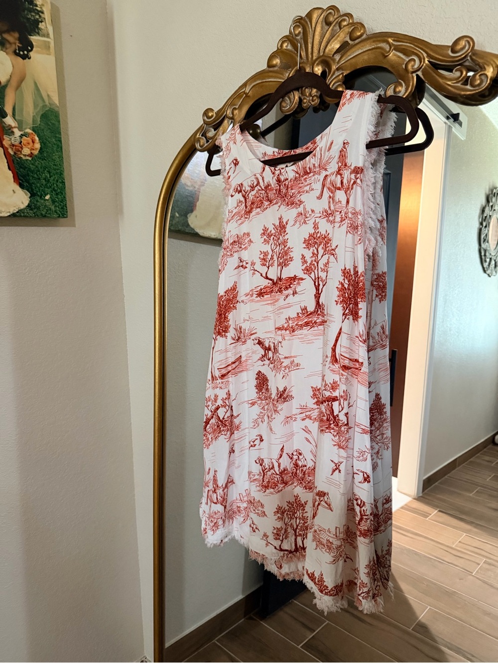 Umgee White Dress with Rust Red Toile Print